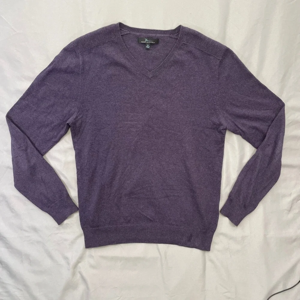Marc Anthony Mens Purple Cotton Cashmere‎ Blend V-Neck Sweater Size M